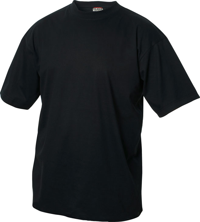 Een zwart t-shirt met ronde hals en korte mouw. Onbedrukt