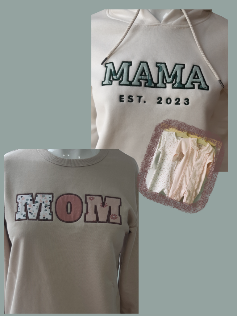 Twee moederdag truien. De teksten zijn gemaakt van oude babykleding