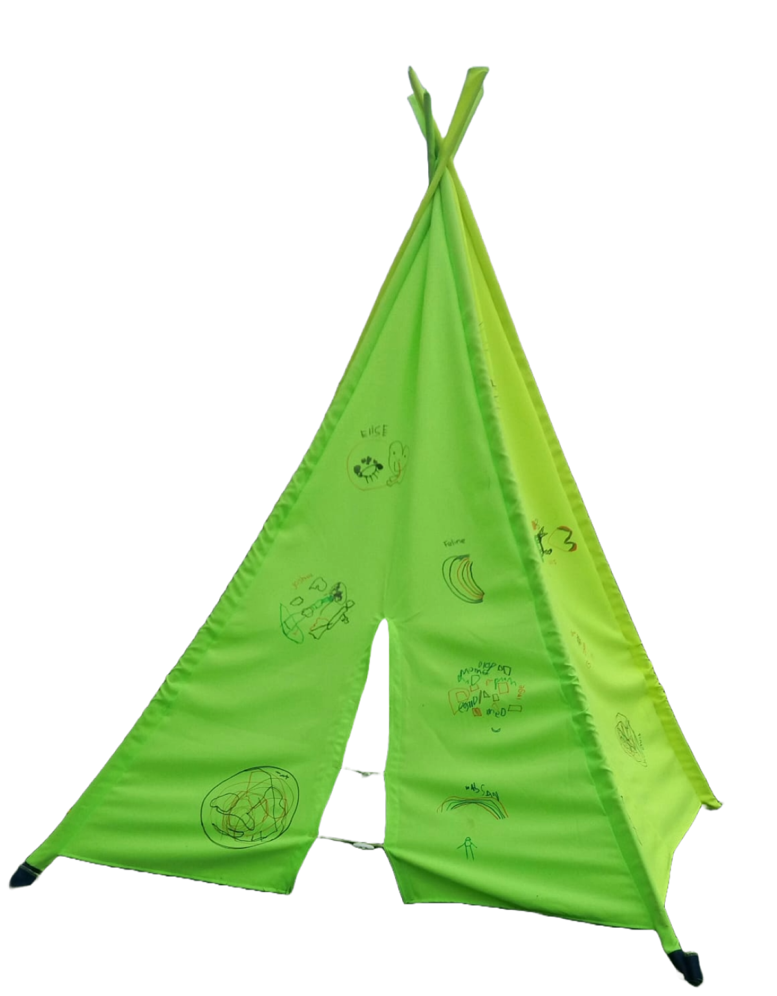 Een fluoriseerend groene tent. Geborduurd met tekeningen van de kinderen voor de juf