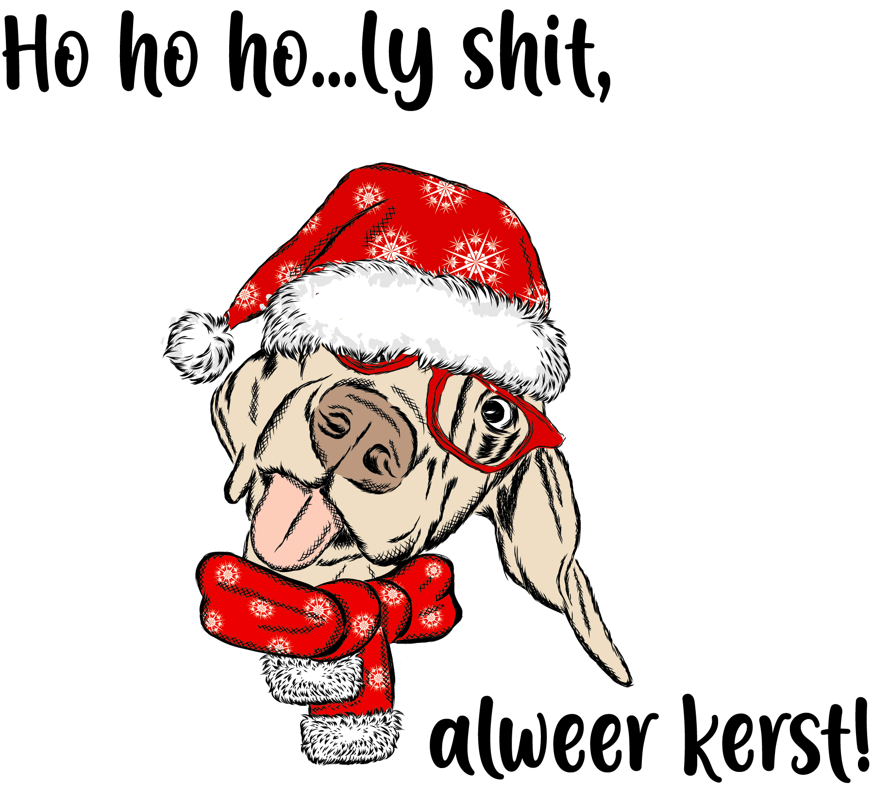 Een grappige hond met rode bril, rode kerstmuts en rode kerst das en de tekst ho ho ho.. ly shit alweer kerst!